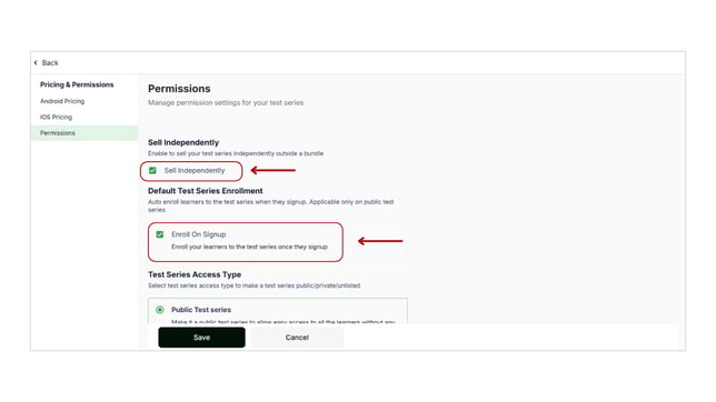 Manage Test Series permissions settings step 4
