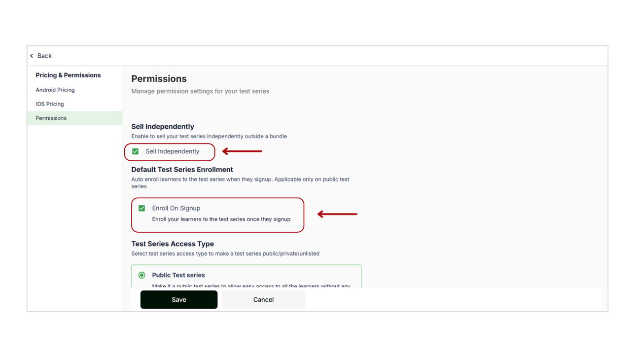 Manage Test Type Manage Test Series permissions settings