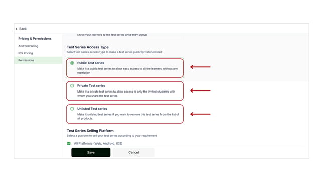 Manage Test Series permissions settings step 5