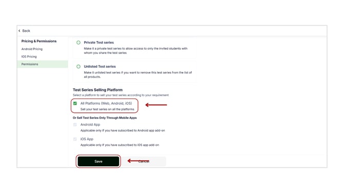 Manage Test Series permissions settings step 6