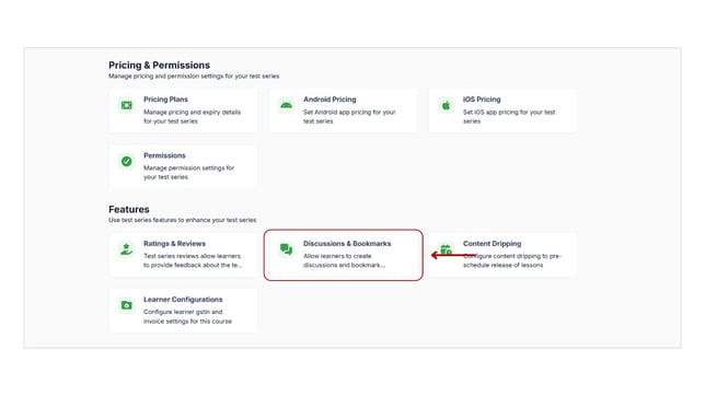 Enable discussion and bookmark features in test series step 3