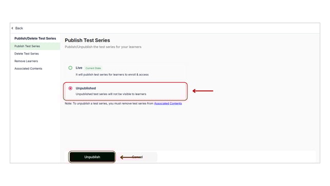 Unpublish the test series step 3