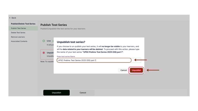 Unpublish the test series step 4