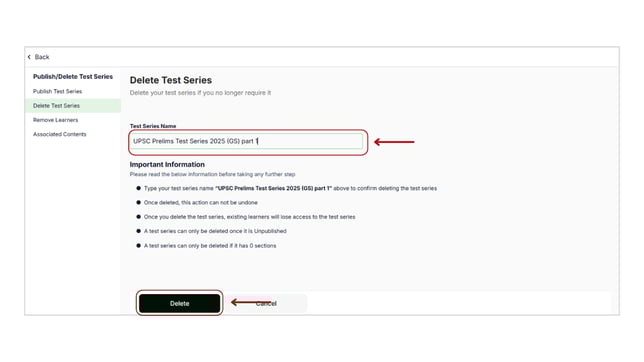 Delete test series step 4