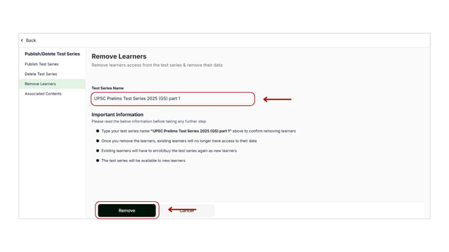 Remove learners from the test series step 3