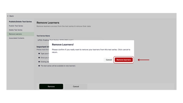 Remove learners from the test series step 4