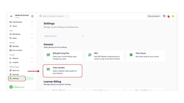 Set the default video quality for your learners step 2