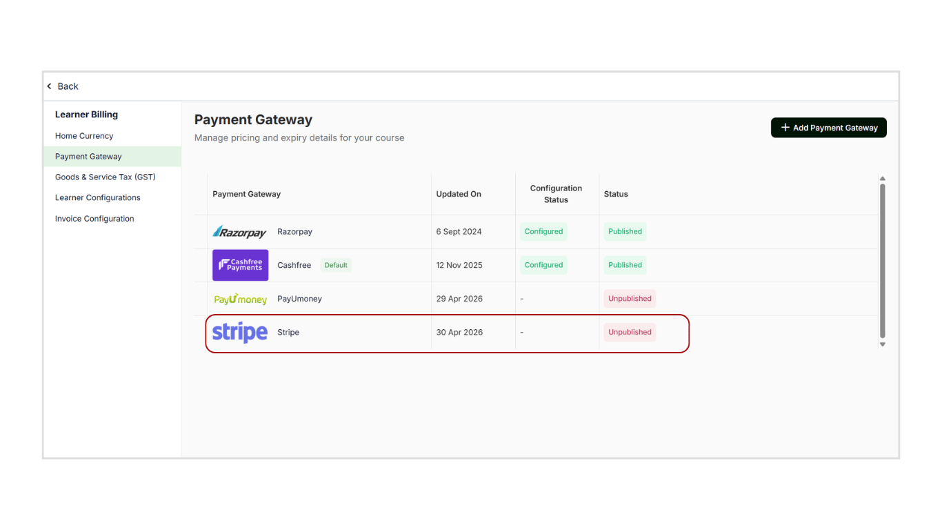 Configure Stripe Payment Gateway