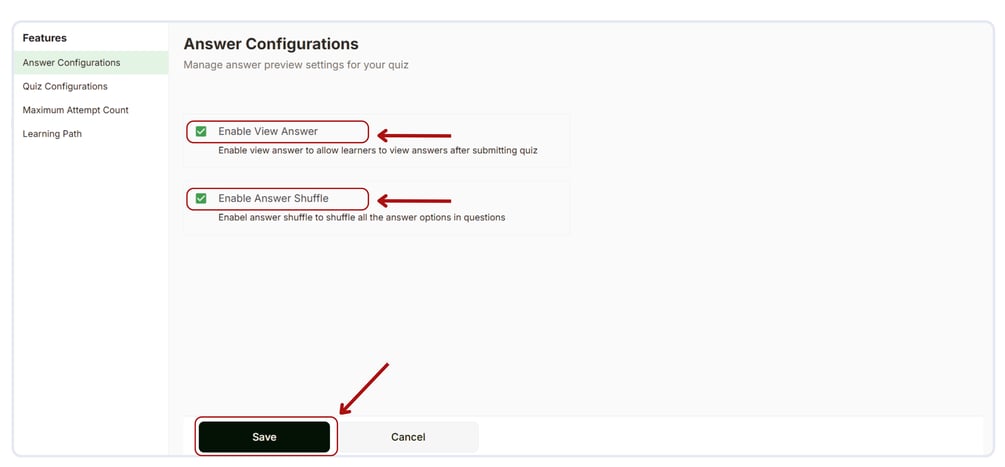 Set up Answer configuration of the quiz