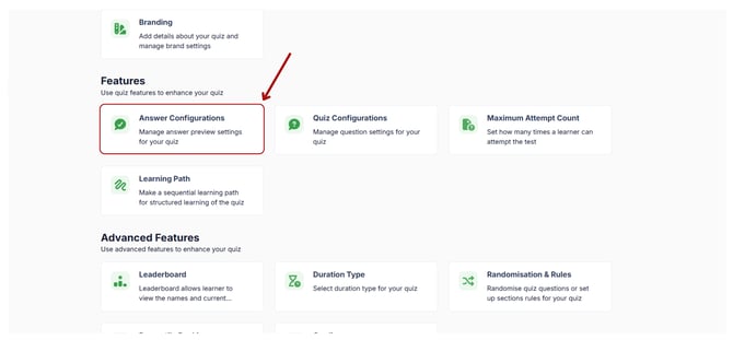 Answer configuration overview of the quiz