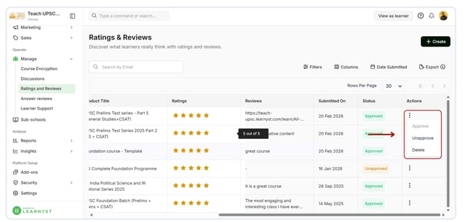 Approve or delete the learner’s review (1)