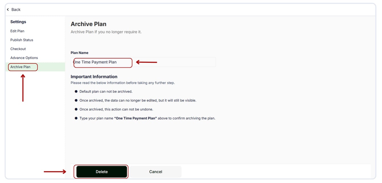 Archive the Pricing plan