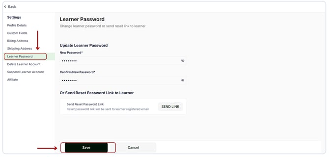 Change a learners password or send password reset emails to learners