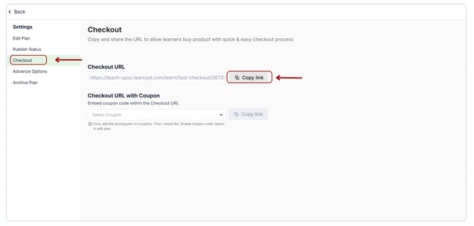 Checkout link Pricing Plan