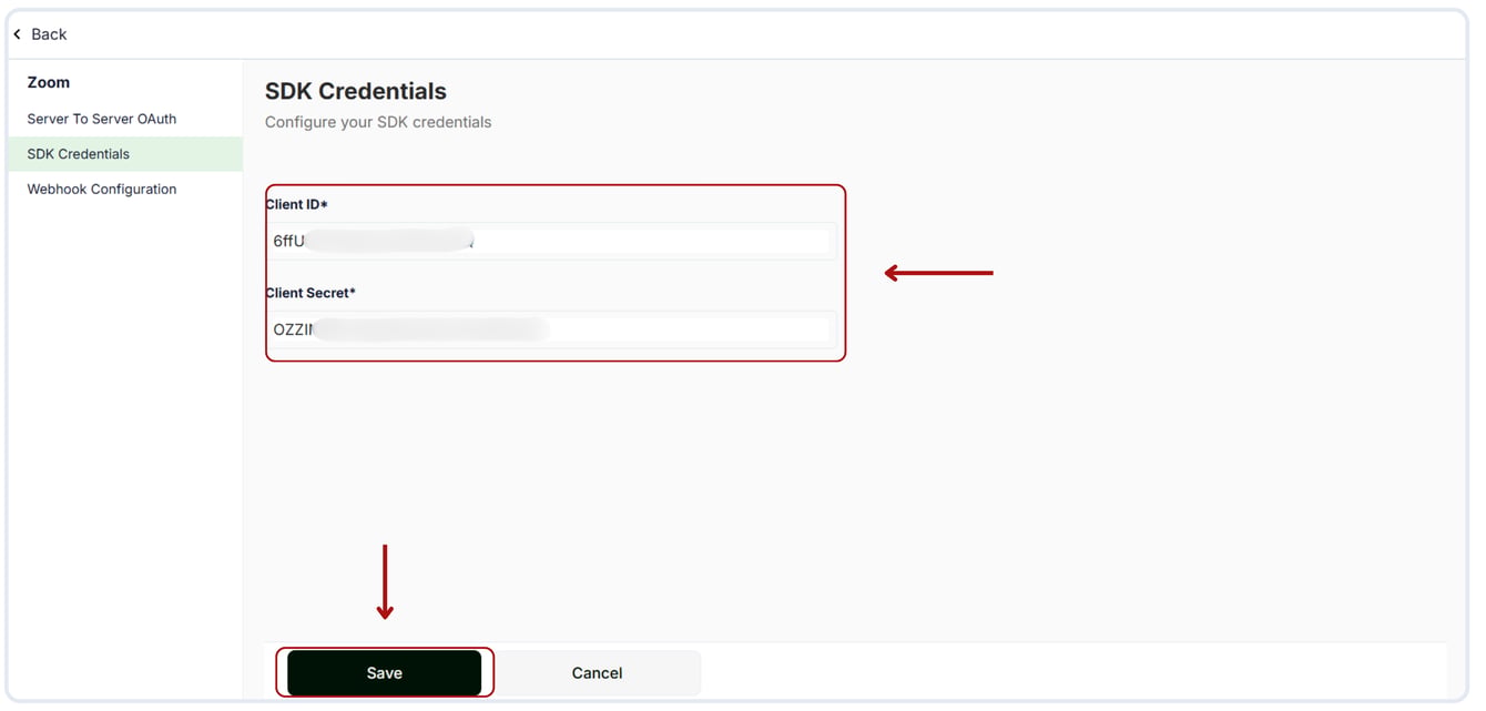 Configure the SDK credentials for the Zoom add-ons.