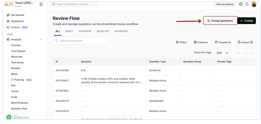 Create Group Question in the question review flow