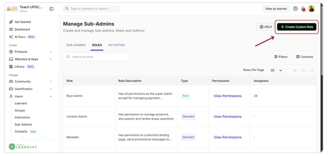 Create a custom role for a new Sub Admin