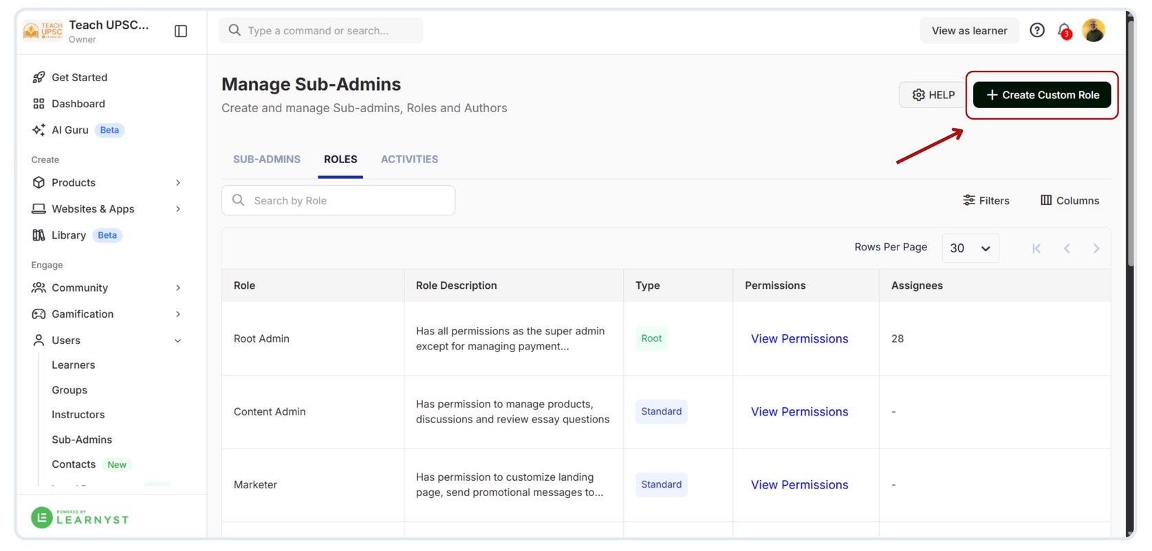 Create a custom role for a new Sub Admin