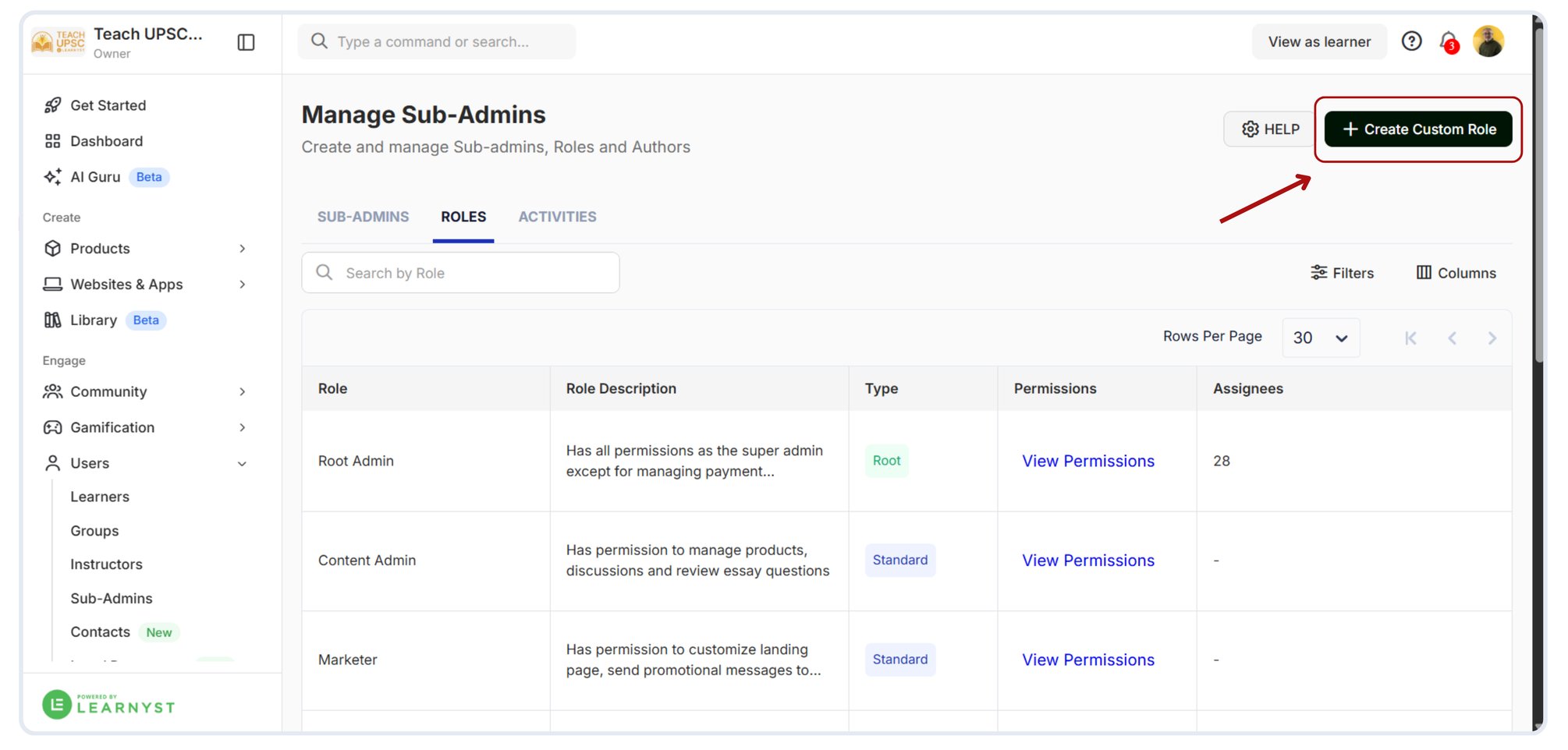 Create a custom role for a new Sub Admin