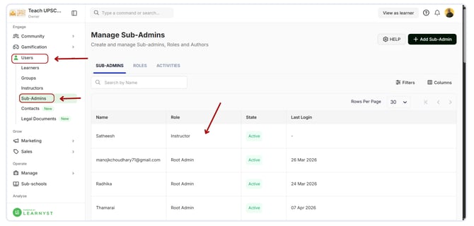 Deactivate a sub admins access