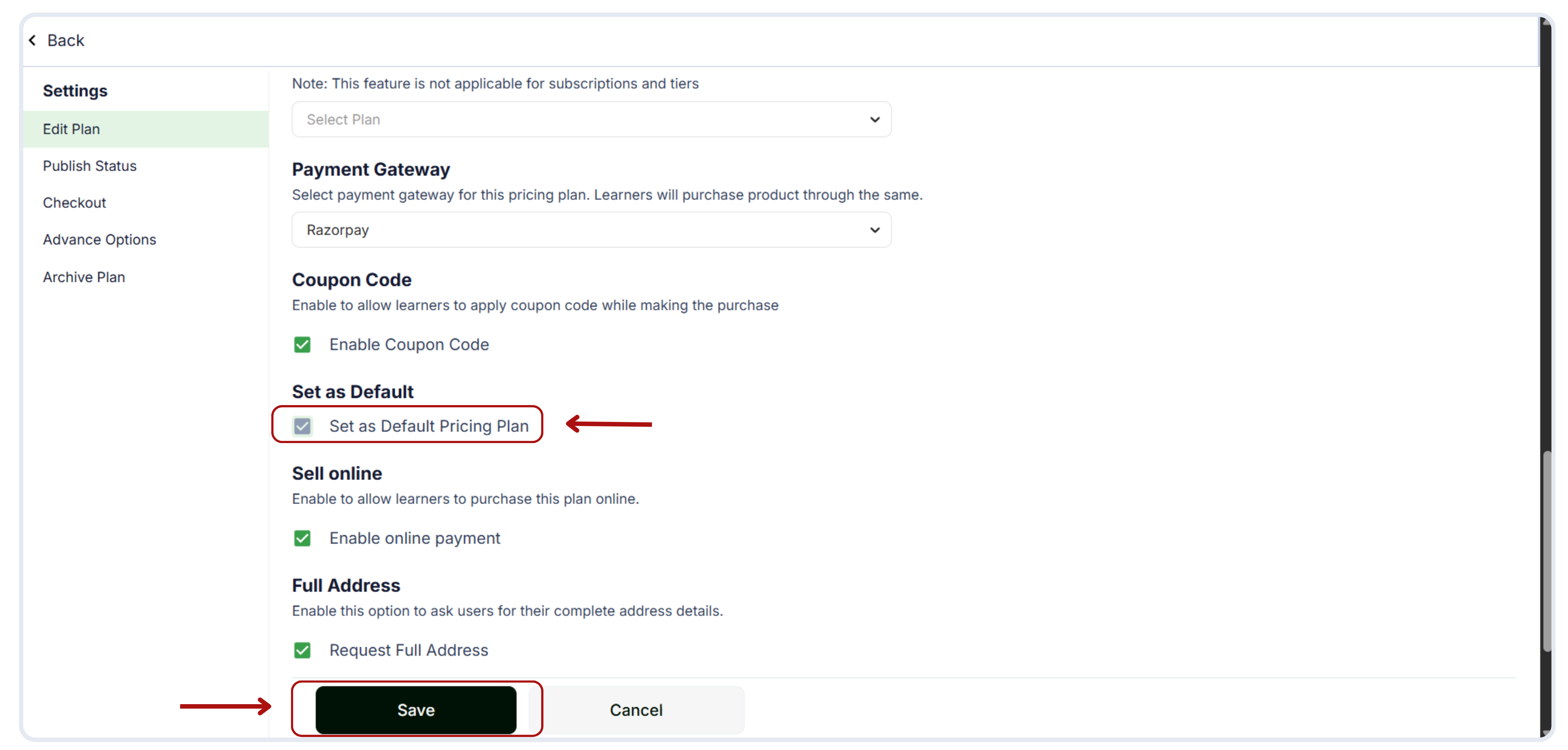 Set a Pricing Plan as default