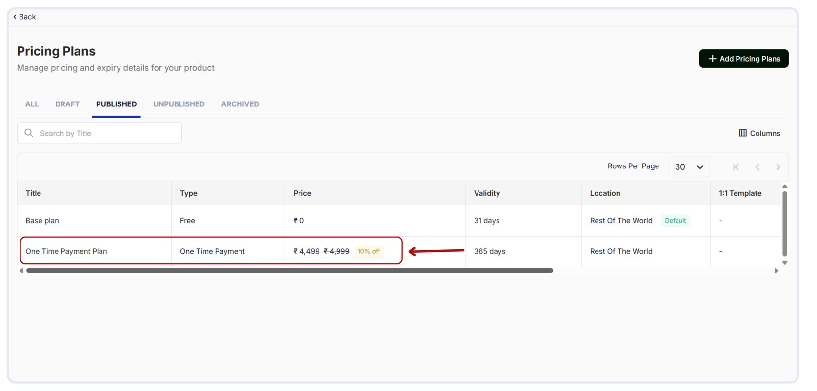 Archive the Pricing plan