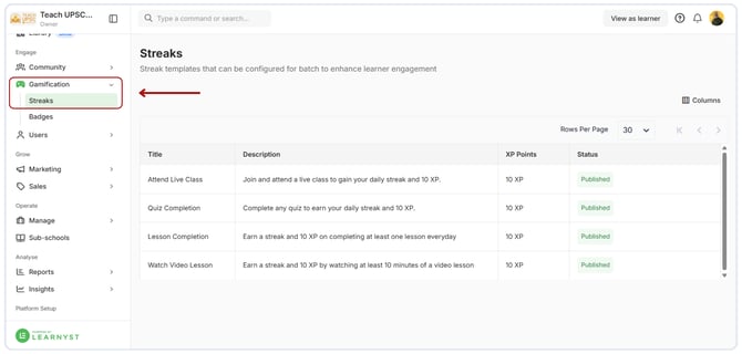 Enable and Use the Gamification Streak Feature in Learnyst (7)