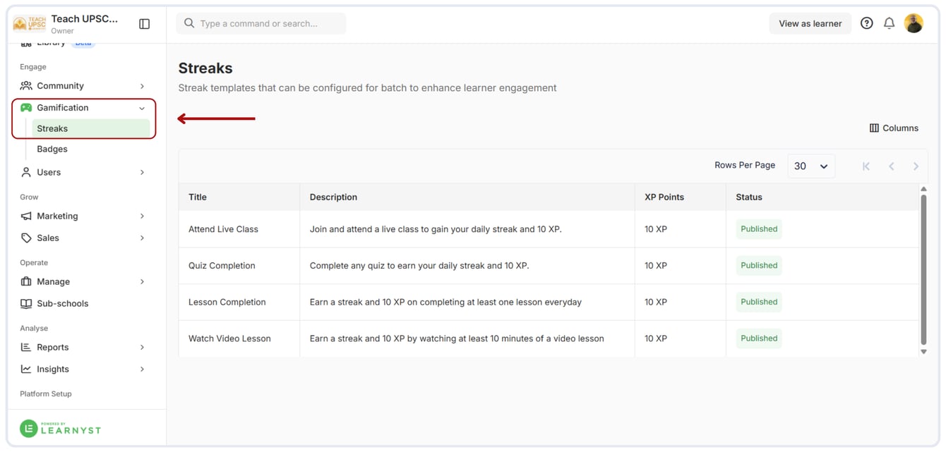 Enable and Use the Gamification Streak Feature in Learnyst