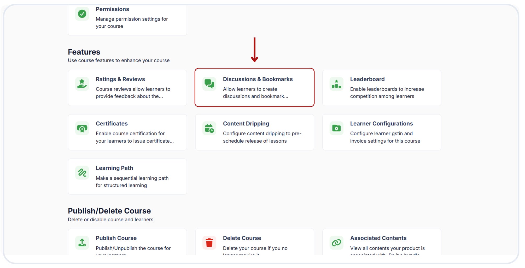 Enable discussion and bookmark features to the courses