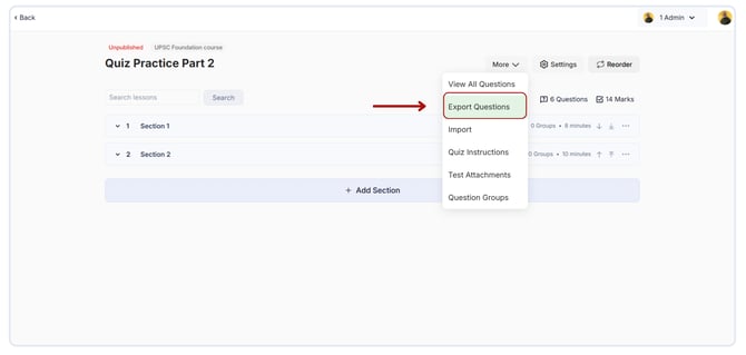 Export quizs questions and answers.