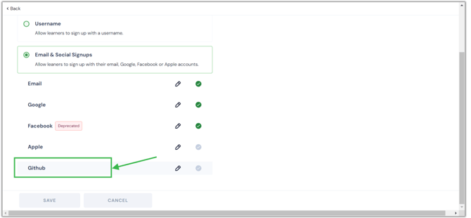 Allow your learners to sign up with their GitHub accounts&nbsp;in step 2