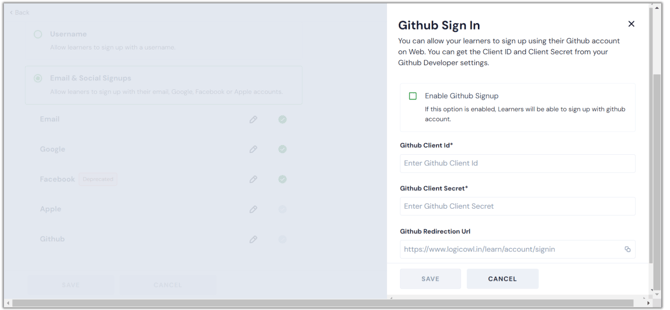 Allow your learners to sign up with their GitHub accounts&nbsp;in step 3