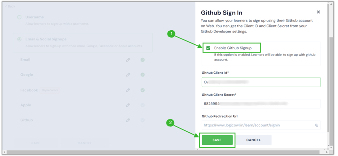 Allow your learners to sign up with their GitHub accounts&nbsp;in step 16