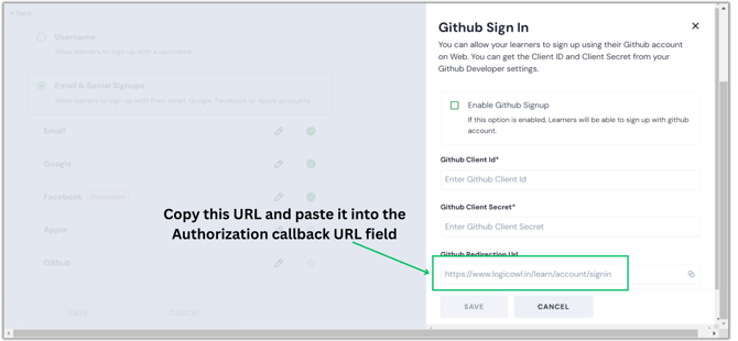 Allow your learners to sign up with their GitHub accounts&nbsp;in step 8