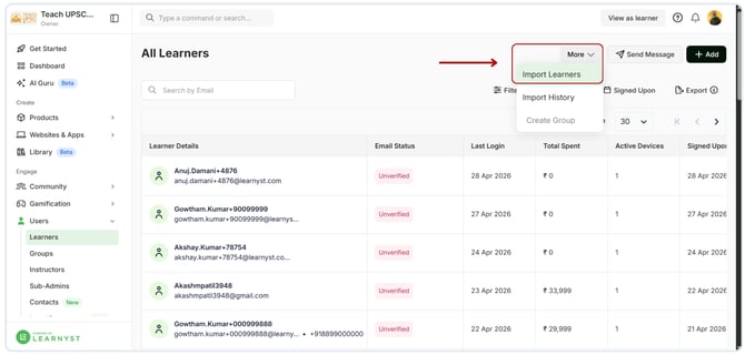 Import new Learners to a Course