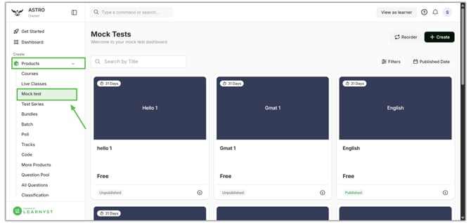 Learnyst mock test settings
