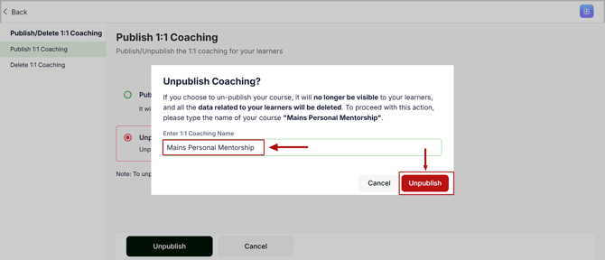 One on one Coaching unpublish 2