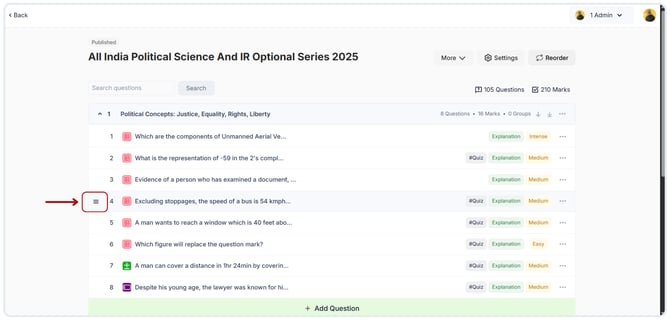 Reorder the question in the section quiz.