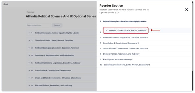 Reorder the sections in the section quiz. (1)