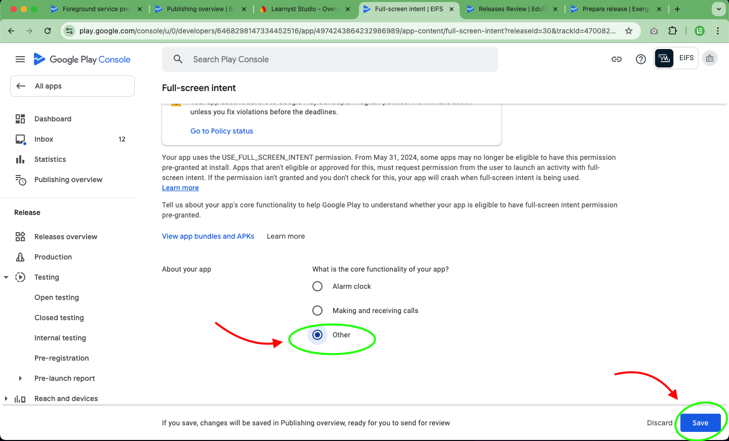 Fix “Full-Screen Intent Permissions” Error in Google Play Console