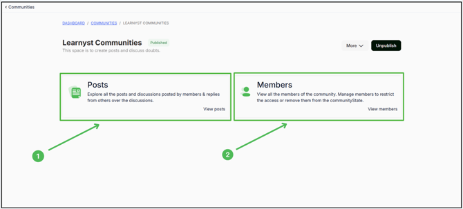 Illustration of opening learnyst communities options to view learners and posts