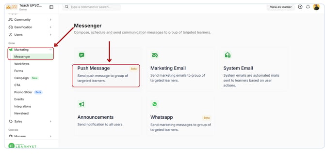 Send push messages to a group of learners.