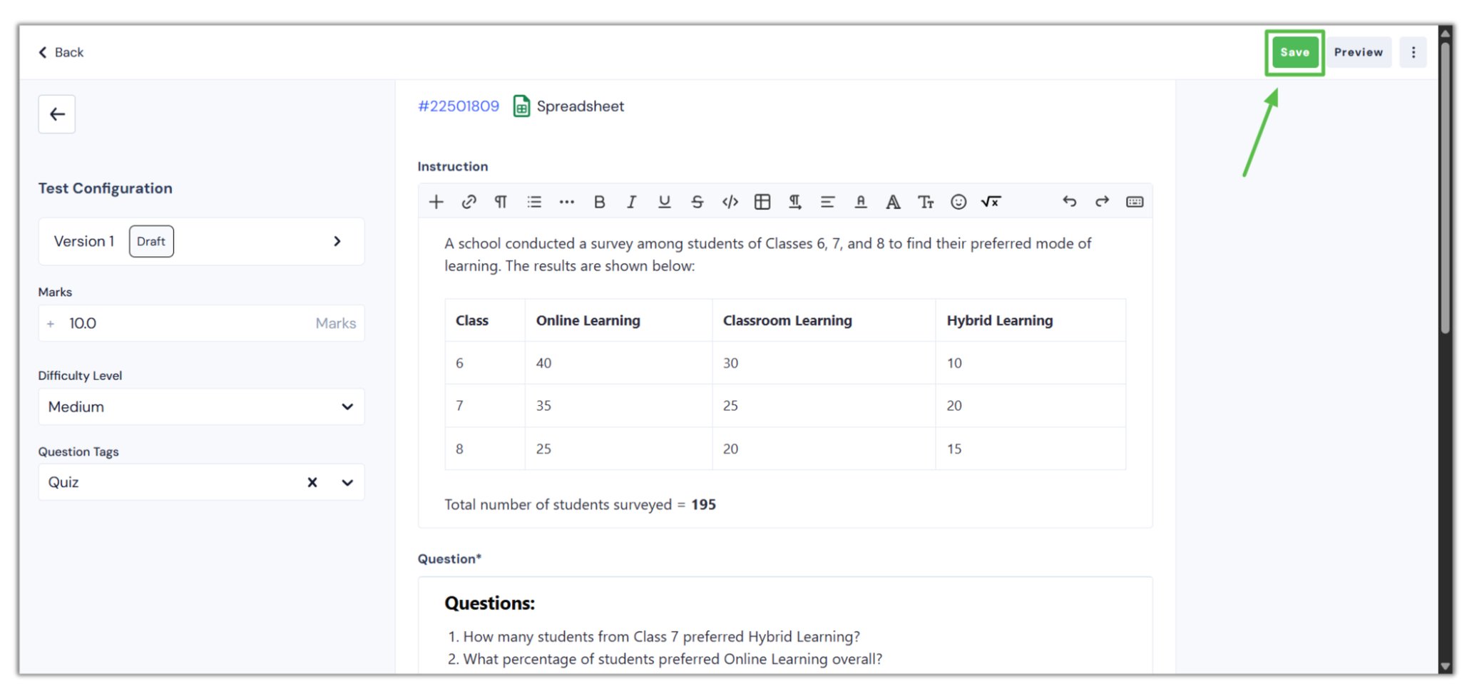 Create a Spreadsheet processor question within the question review flow.