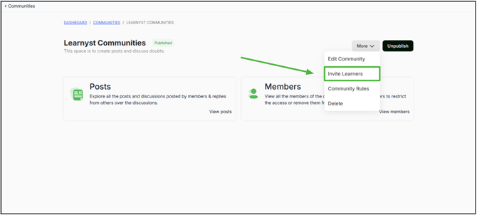 illustration of selecting learnyst community to invite learners step 2