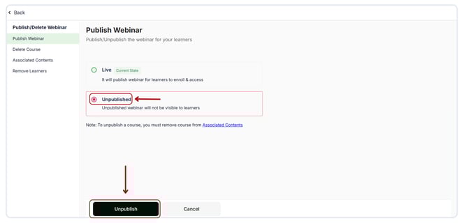 UnPublish the webinar