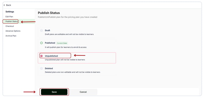 Unpublish Pricing Plan