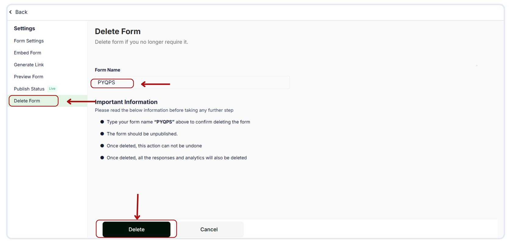 Unpublish and delete a form