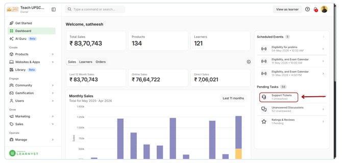 View Learner Support Tickets from admin dashboard