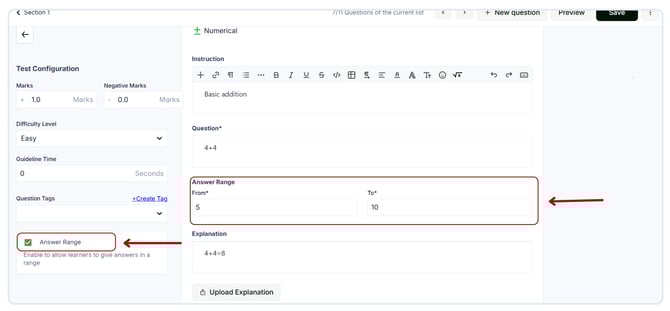 answer range for numerical questions. (1)