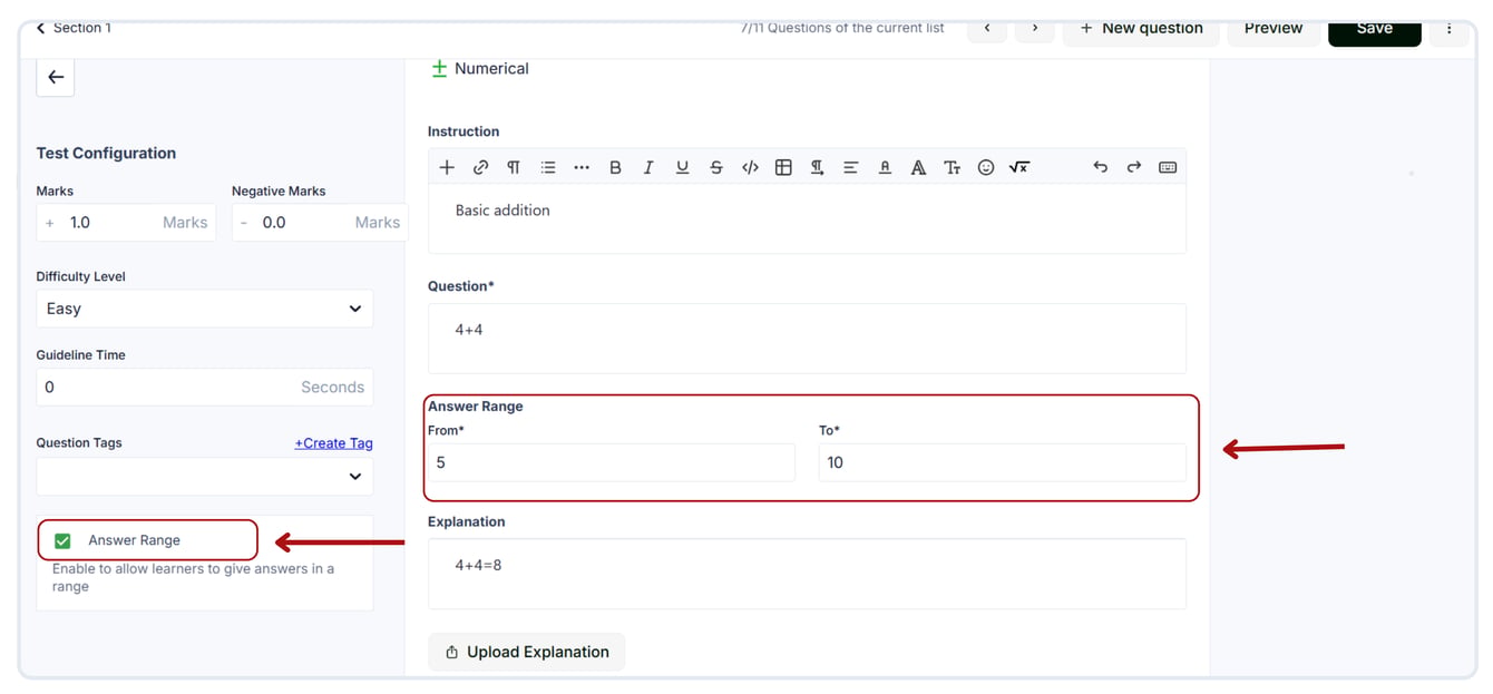 Enable the answer range for numerical questions.